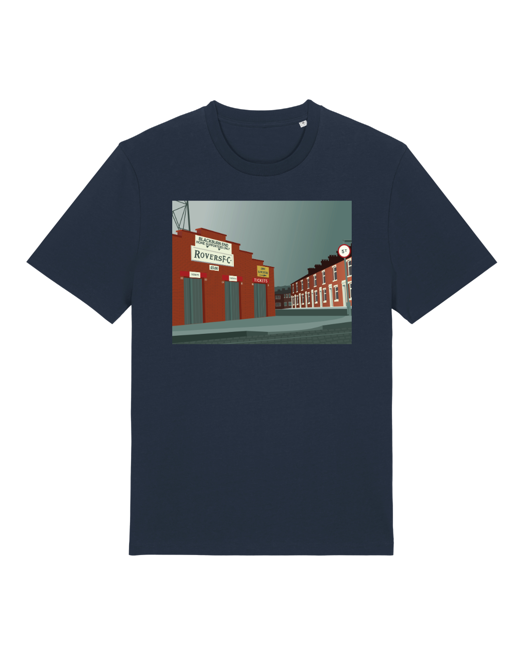 Blue t-shirt with a graphic of a the Blackburn End at Ewood Park on a white background