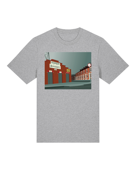 Blue t-shirt with a graphic of a the Blackburn End at Ewood Park on a white background