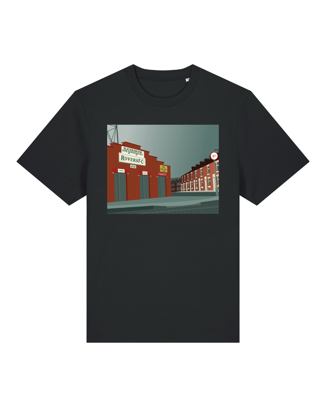 Blue t-shirt with a graphic of a the Blackburn End at Ewood Park on a white background