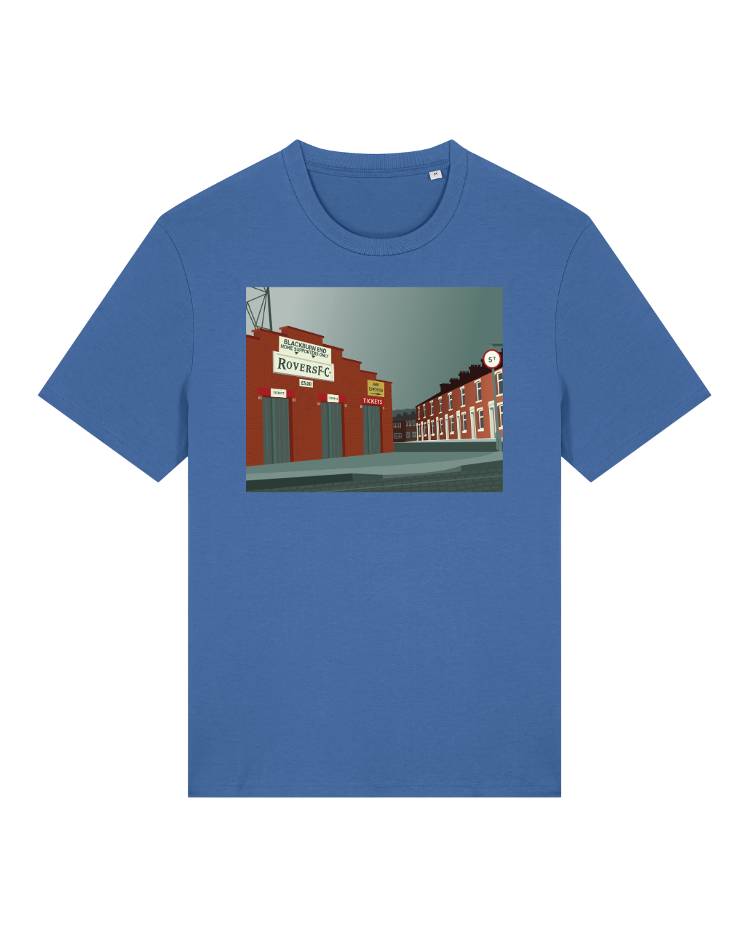 Blue t-shirt with a graphic of a the Blackburn End at Ewood Park on a white background